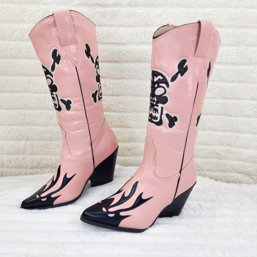 Ghost Rider Embroidered Skull & Bones Pink Cowboy Western Cowgirl Boots New